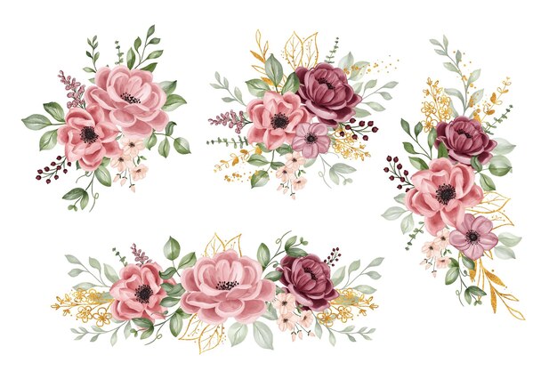 Zestaw kompozycji kwiatowych Kwiat bordowy zielonych liści i złota ilustracja kwiatowa na kartę ślubu