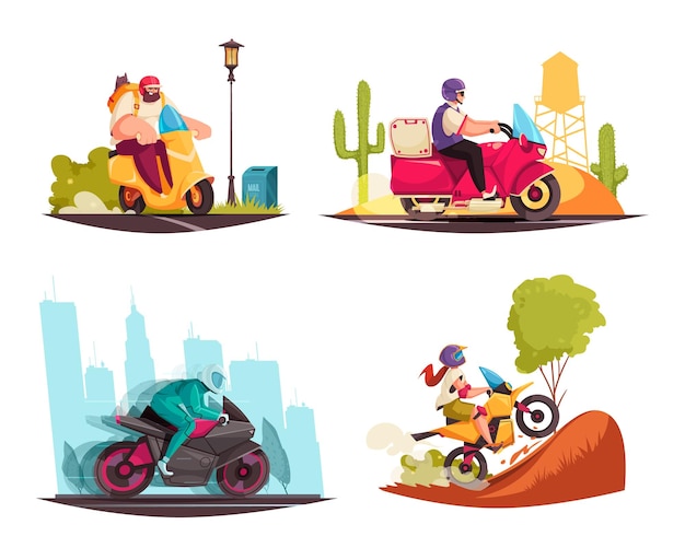 Bezpłatny wektor zestaw kreskówek motocyklowych z rowerzystami jeżdżącymi na rowerach i skuterach na białym tle ilustracji wektorowych