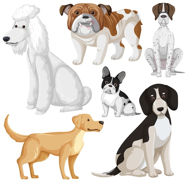 Bezpłatny wektor zestaw kreskówek ras psów psów