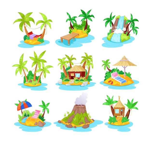 Zestaw kreskówka tropikalne wyspy, tropikalne hotele w oceanie z palmami, bungalow, wulkan, wodospad. letni krajobraz natury, do wypoczynku, podróży. krajobraz wyspy. ilustracja wektorowa.