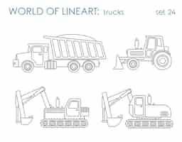 Bezpłatny wektor zestaw liniowy do transportu konstrukcji. równiarka traktorowa koparka wywrotka. kolekcja sztuki linii.