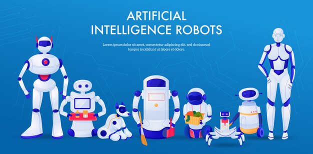 Zestaw maszyn robotów sztucznej inteligencji zwierząt domowych i asystentów domowych poziomy baner