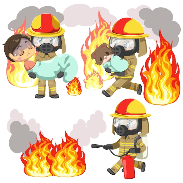 Bezpłatny wektor zestaw mężczyzny bohatera ubranego w strażaka w mundurze i toksycznej maski ochronnej pomaga ludziom i zwierzętom