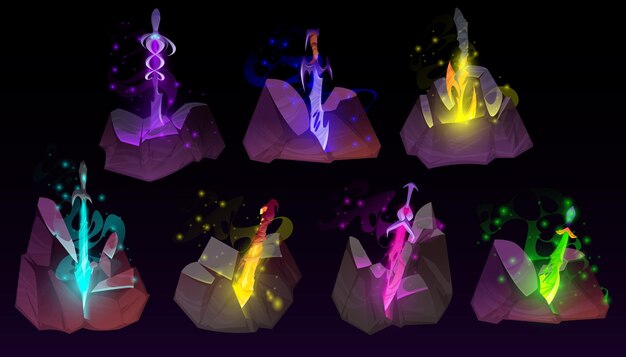 Zestaw miecza w kamieniu Artur król excalibur broń utknęła w skale Gra średniowieczna alchemia lub magiczne stalowe ostrza ze świecącymi iskrami elementy projektu legendy lub mitu wielbłąda Ilustracja kreskówka wektor