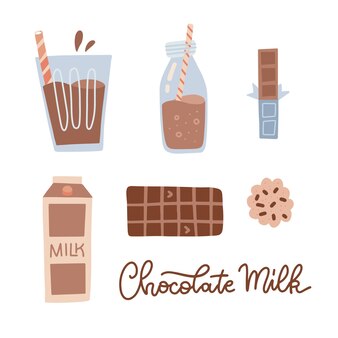 Zestaw mleka czekoladowego w szklanej butelce w kartonowym pudełku szklanka mleka z batonikiem i ciastkiem na białym tle...