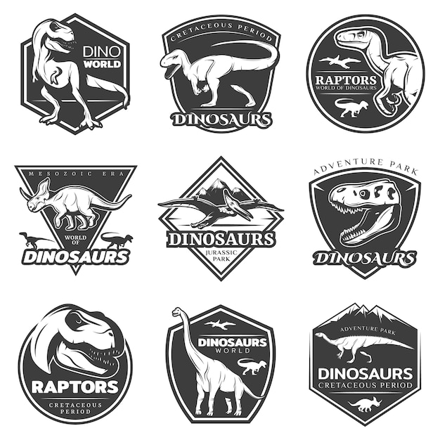 Bezpłatny wektor zestaw monochromatycznych logo vintage dinozaurów