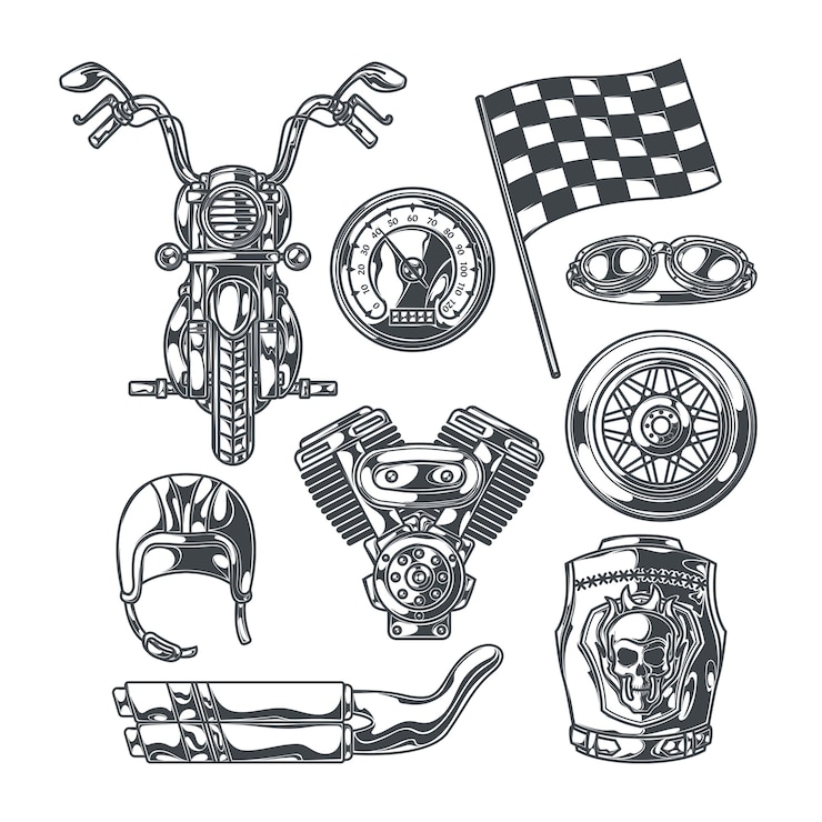 Bezpłatny plik Wektor zestaw motocyklowy z odizolowanymi monochromatycznymi obrazami części motocyklowych, kołami, akcesoriami motocyklistów i flagą wyścigu mety