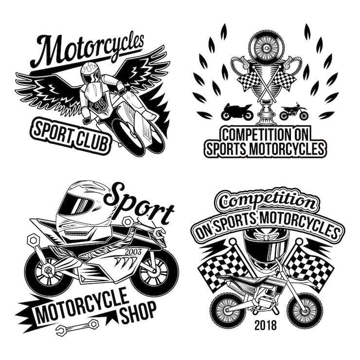 Bezpłatny plik Wektor zestaw motocyklowy z odizolowanymi monochromatycznymi obrazami części motocyklowych, kołami, akcesoriami motocyklistów i flagą wyścigu mety