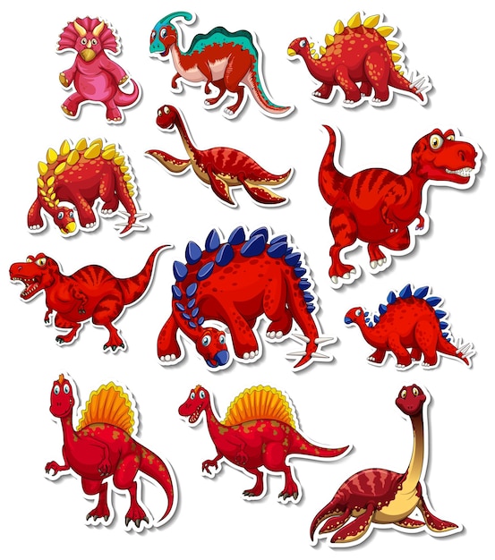 Bezpłatny wektor zestaw naklejek z różnymi kreskówkami dinozaurów