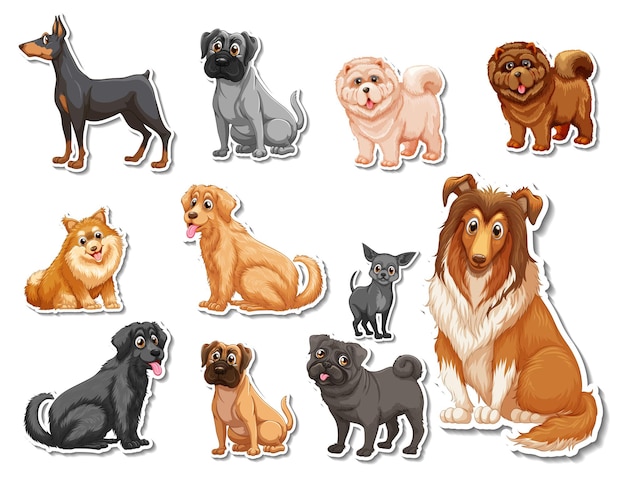 Bezpłatny wektor zestaw naklejek z różnymi kreskówkami psów