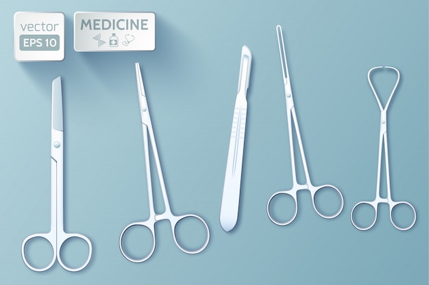 Bezpłatny wektor zestaw narzędzi medycznych obejmujący kleszcze do skalpeli i nożyczki
