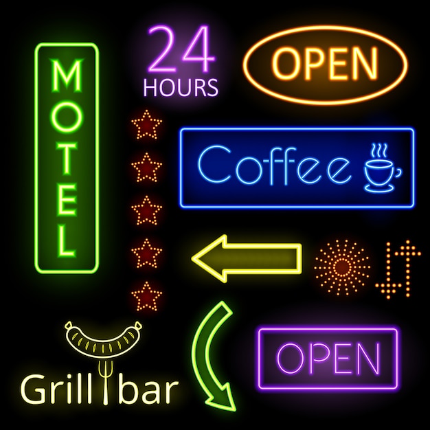Bezpłatny wektor zestaw neonów blask. kawa, otwarta i motelowa. szyld, wskaźnik. ilustracji wektorowych