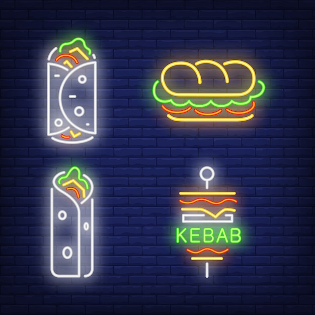 Bezpłatny wektor zestaw neonowych znaków doner kebab i shawarma