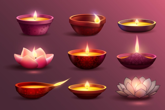 Bezpłatny wektor zestaw obchodów diwali z dekoracyjnymi kolorowymi obrazami płonących świec z różnymi ilustracjami wzoru i kształtu