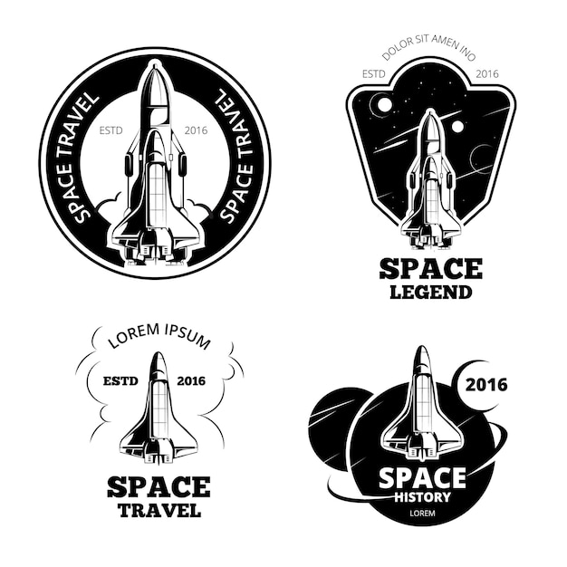 Zestaw Odznaki, Emblematy I Logo Astronautów Kosmicznych. Statek Z Etykietą Kosmiczną, Logo Statku Kosmicznego, Emblemat Statku Kosmicznego, Statek Kosmiczny Start