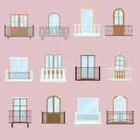 Bezpłatny wektor zestaw okien i balkonów. klasyczne i stare balkony architektury vintage z dekoracjami ogrodzeniowymi.