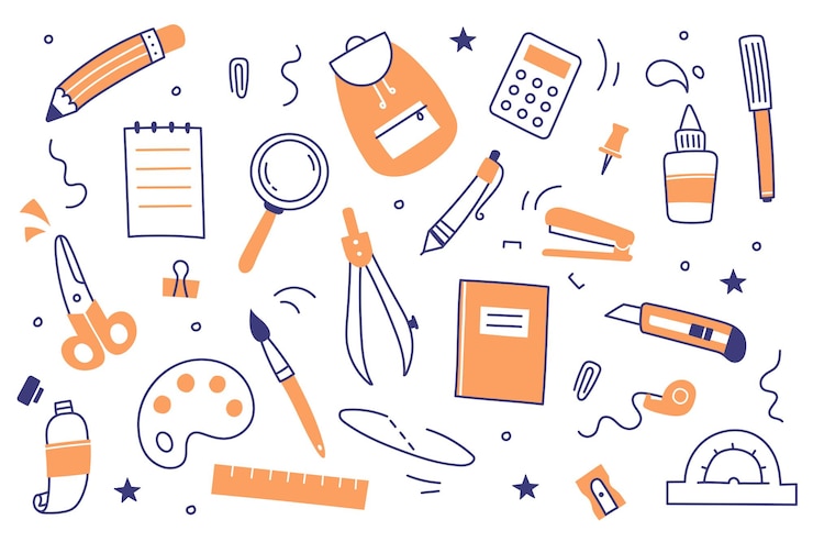Bezpłatny plik Wektor zestaw papeterii szkolnej i biurowej. doodle długopis, ołówek, marker, notatnik, linijka i plecak. wektor płaskie ikony materiałów edukacyjnych, nożyczki, kalkulator, lupa i farby