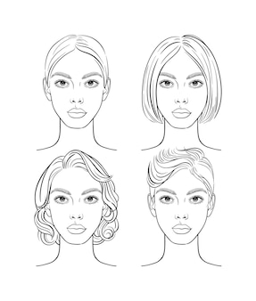 Zestaw pięknych portretów młodej kobiety z inną fryzurą. ilustracja wektorowa