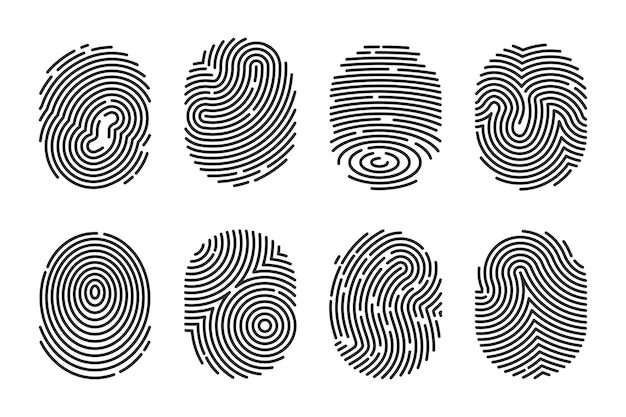 Zestaw płaskich ilustracji czarny szczegółowe odciski palców. Policyjny skaner elektroniczny z kciukiem do zbierania danych o przestępstwach na białym tle. Koncepcja tożsamości i technologii palców