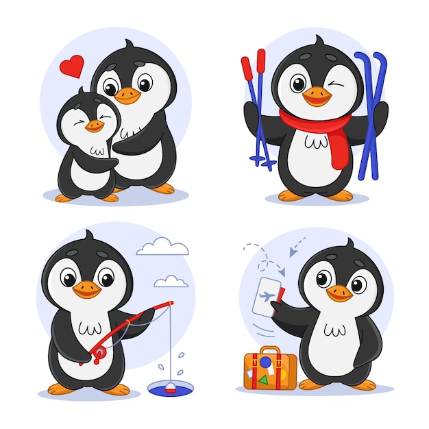 Bezpłatny wektor zestaw postaci pingwina z kreskówek przytulających się z matką podróżującą na ryby i na nartach