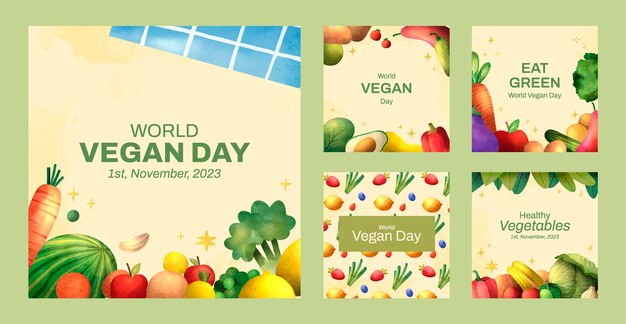 Zestaw postów na instagramie z akwarelowym światowym dniem wegan