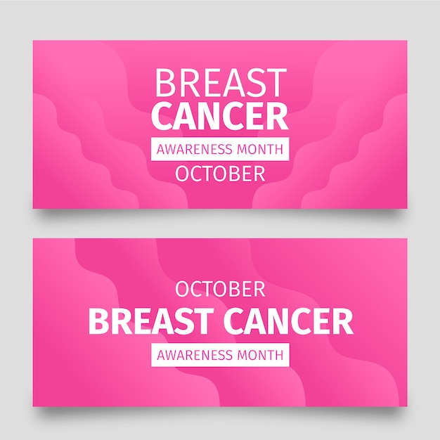 Bezpłatny wektor zestaw poziomych banerów gradientowych na miesiąc świadomości raka piersi