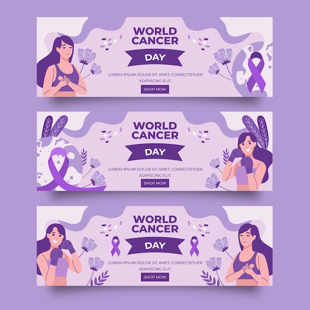 Zestaw poziomych banerów płaski światowy dzień raka