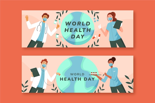 Bezpłatny wektor zestaw poziomych banerów płaski światowy dzień zdrowia