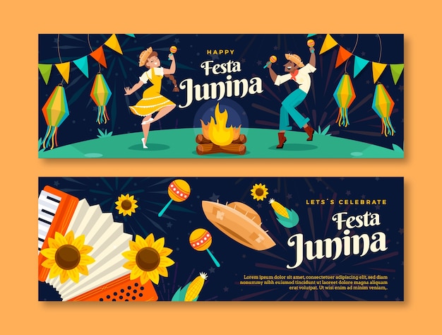 Bezpłatny wektor zestaw poziomych banerów płaskich festas juninas