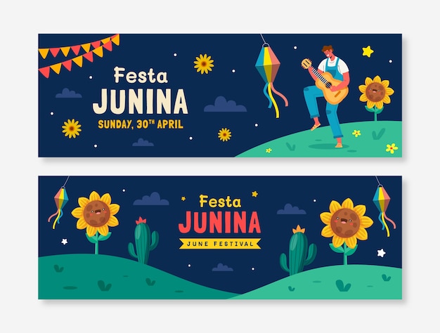 Bezpłatny wektor zestaw poziomych banerów płaskich festas juninas
