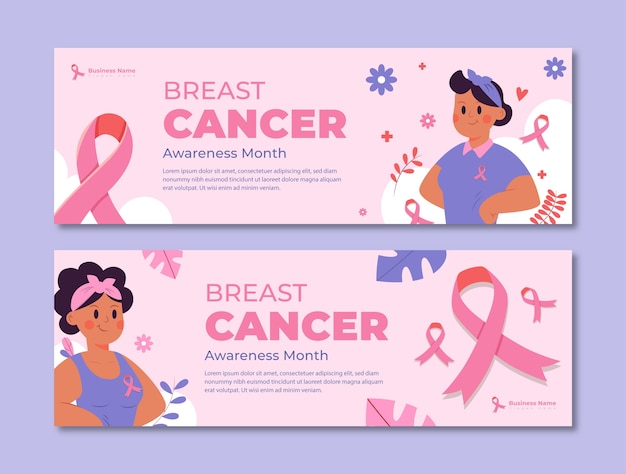 Bezpłatny wektor zestaw poziomych banerów płaskiego miesiąca świadomości raka piersi