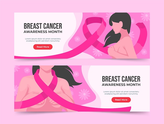 Bezpłatny wektor zestaw poziomych banerów płaskiego miesiąca świadomości raka piersi