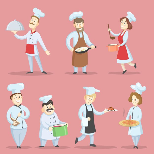 Zestaw profesjonalnych kucharzy gotujących ilustracje żywności