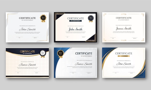 Zestaw projektu szablonu certyfikatu osiągnięcia na szarym tle.