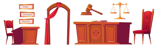 Bezpłatny wektor zestaw przedmiotów na sali sądowej, drewniany młotek, biurko z wagą i krzesłami, łuk z czerwoną zasłoną i talerze dla sędziego