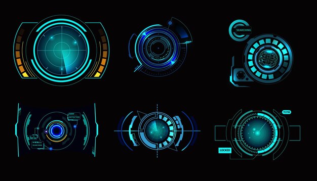 Zestaw radarowy interfejsu użytkownika Hud imitujący elementy zaawansowanego technologicznie ekranu docelowego statku kosmicznego na czarnym tle ilustracji wektorowych