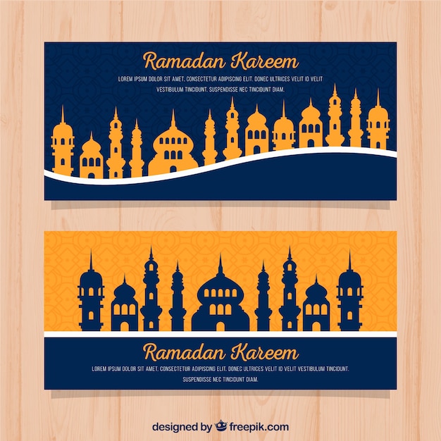 Bezpłatny wektor zestaw ramadan banery z meczetów sylwetki w stylu płaski