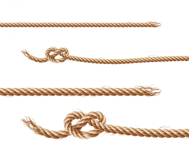 zestaw realistycznych brązowych lin, juty lub konopnych sznurków z pętelkami i węzłami