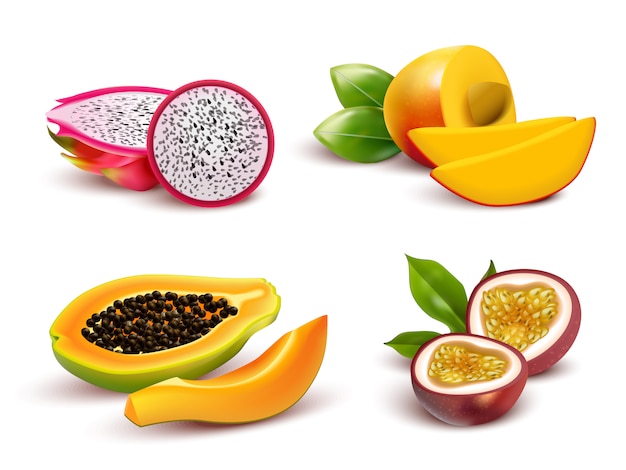 Bezpłatny wektor zestaw realistycznych owoców tropikalnych