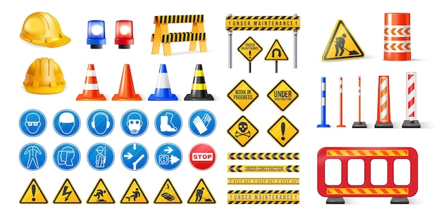 Bezpłatny wektor zestaw realistycznych znaków napraw drogowych i bezpieczeństwa w trakcie budowy taśm stożków i barier izolowana ilustracja wektorowa