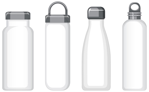 Bezpłatny wektor zestaw różnych białych metalowych butelek na wodę na białym tle