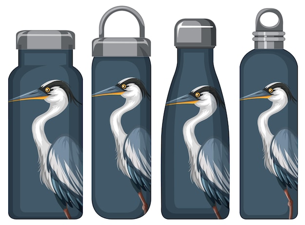 Bezpłatny wektor zestaw różnych butelek termosu z niebieskim wzorem pelikana