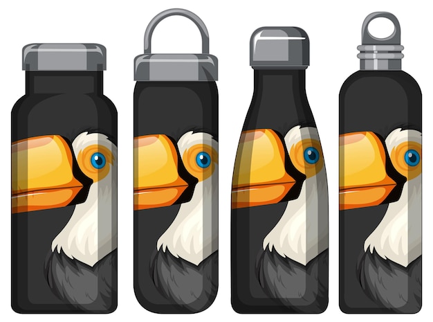 Bezpłatny wektor zestaw różnych butelek termosu z wzorem ptaka tukana