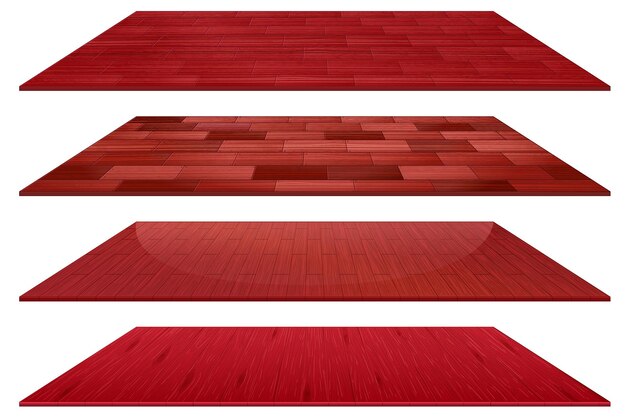 Zestaw różnych czerwonych drewnianych płytek podłogowych na białym tle