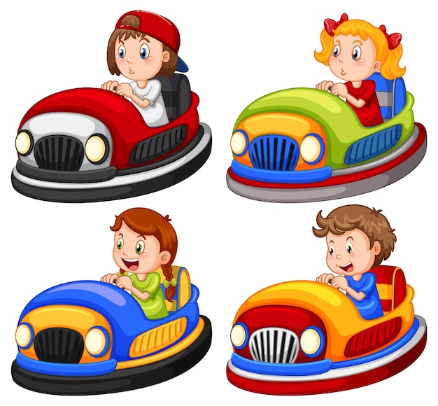 Bezpłatny wektor zestaw różnych dzieci jeżdżących samochodzikami w stylu kreskówki