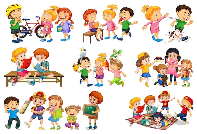 Bezpłatny wektor zestaw różnych dzieciaków bawiących się zabawkami postać z kreskówki na białym tle