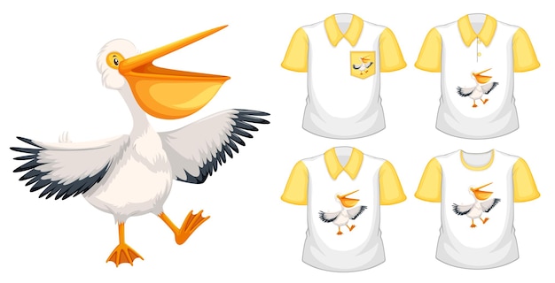 Bezpłatny wektor zestaw różnych koszul z postać z kreskówki brązowy pelikan na białym tle