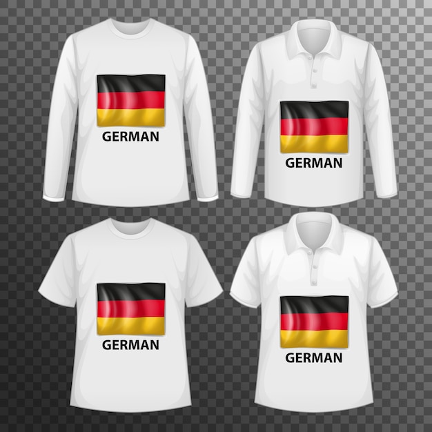 Bezpłatny wektor zestaw różnych męskich koszul z ekranem niemieckiej flagi na koszulkach na białym tle