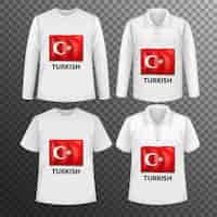 Bezpłatny wektor zestaw różnych męskich koszul z ekranem tureckiej flagi na koszulkach na białym tle
