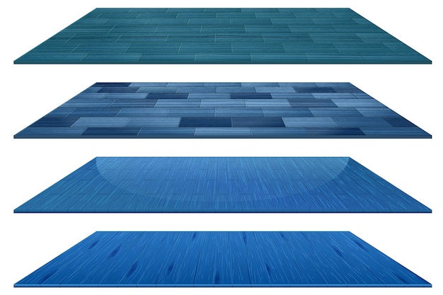 Zestaw różnych niebieskich drewnianych płytek podłogowych na białym tle